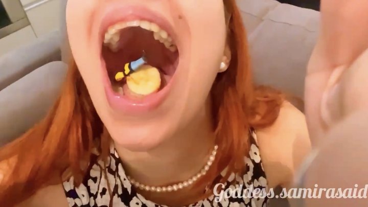 Giantess Samira eats her tinys ones with dulce de leche and banana while wearing