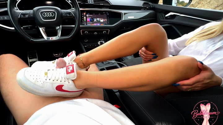 4K | Nike Air One Shoejob in Car from Blonde with Cum in Sneakers & Blowjob