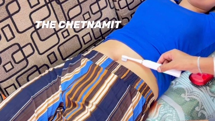 Beautiful Indian belly, electric hair brush, and intense tickling reactions! ?