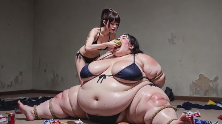 BBW in Ropes Stuffed by Petite Woman - Feederism
