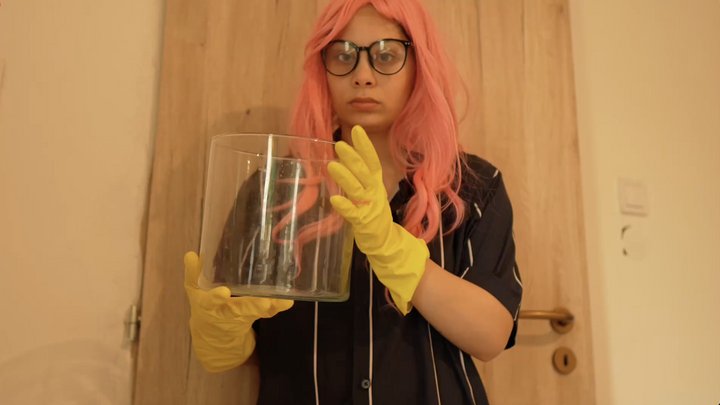 Im an evil doctor I’m doing a toilet fetish act into a glass container while wea