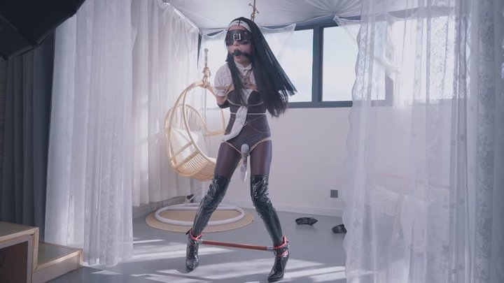 Asian Girl Enjoys Nun Cosplay Rope Bondage Roleplay - Spreader Bar, Shiny Boots 