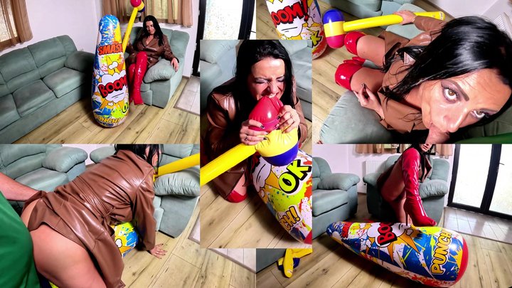 Dominant Leather MILF Inflatable Smash Fetish. Giant Hammer, Doggy, Cum Play and