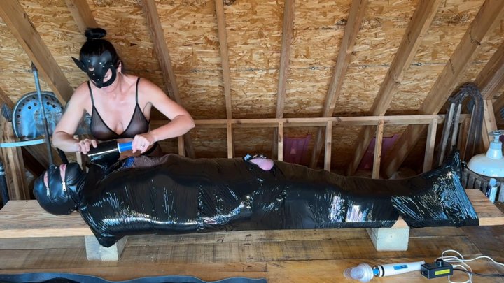 Gimp Slave Mummified In Chastity Then Gets Cock Milked With Vibe and Penis Sleev
