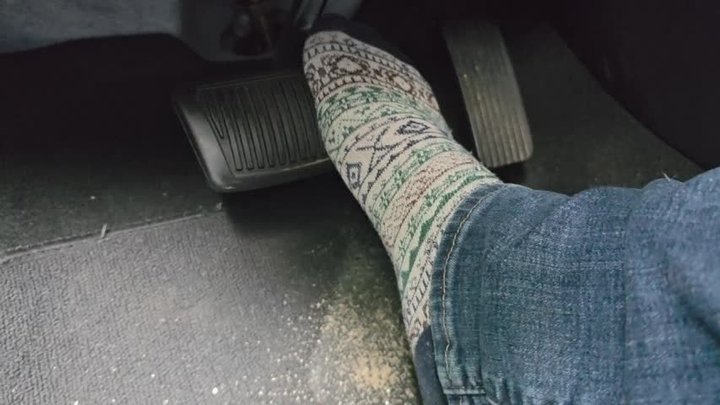 Driving home in socks.