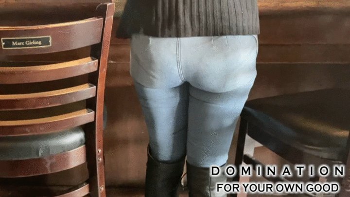MILF Greta wets & re-wets herself, soaking her jeans and boots in a busy tavern!