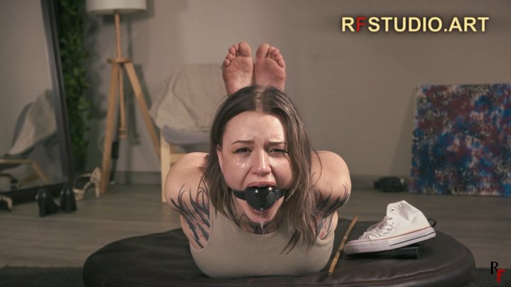 Astrid - Ball Gagged and Hogtied with Sweaty-Sole Bastinado by Bamboo Cane (UHD 