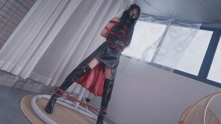 Asian Chinese Woman Enjoys Standing Rope Bondage Roleplay - Satin Dress, Thigh H
