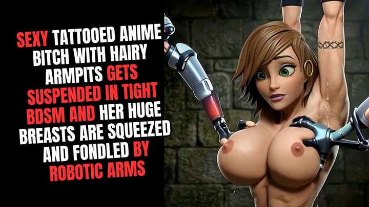 sexy tattooed anime bitch with hairy armpits gets suspended in tight BDSM and he