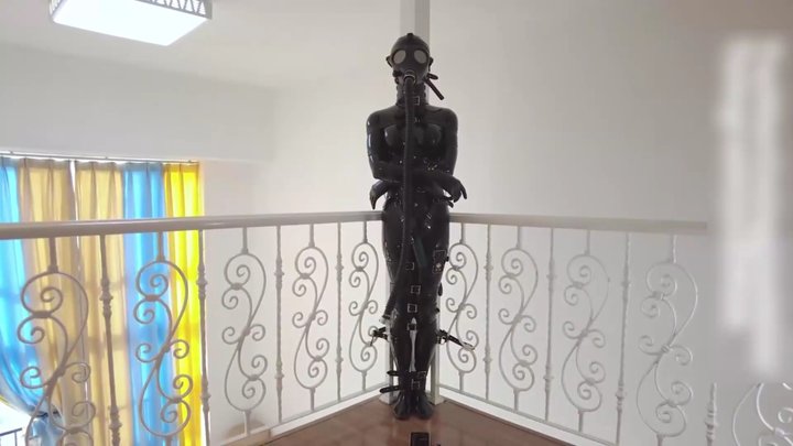 Leather bondage, straitjacket, gag, mask, vibrating orgasm, full-body leather su