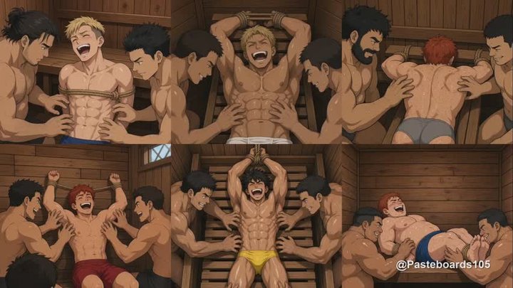 Sauna Overstimulation - Six Bound Muscle Jocks Tickled At Once (Anime Bara)