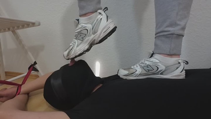 Dirty New Balance sneakers licked and cleaned by my slave boyfriend