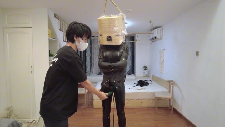 Leather-clad girl bound in a standing position, wearing a wooden box over her he