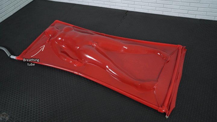 Orgasm inside a red vacuum bed, breathing through a tube, vibrator on full power