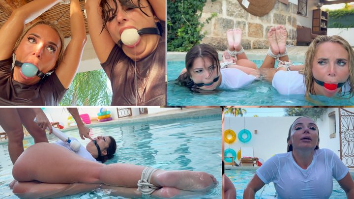 Emma Reed and Ava Kayley Bound and Soaked. Lesbian Wet Catfight in a Water Bonda