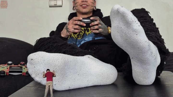 Giant Stepbro Foot domination Long Toenails for his Shrunken stepbro on white di