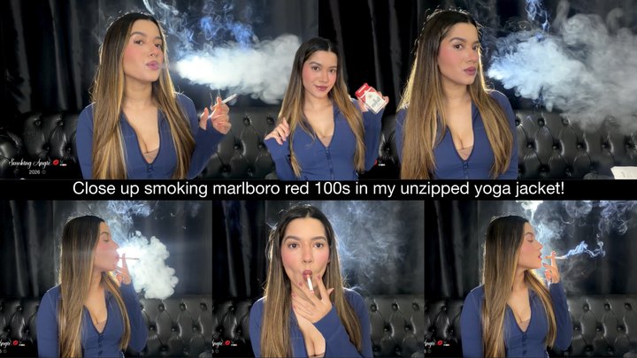 Close up smoking marlboro red 100s in my unzipped yoga jacket!