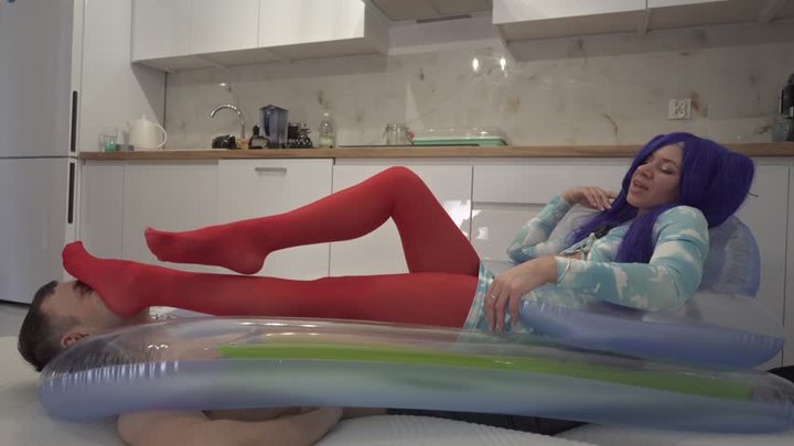 Man Inside Of Floating Mattress And Miku Relaxing On Him In Red Pantyhose - HD 1