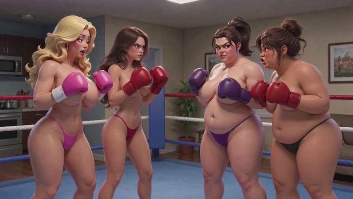 Blonde & Brunette vs. Fat Sisters – Topless Female boxing AI Tag Team Rematch! H