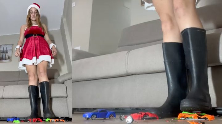 SEXY SANTA BOOT CRUSH! Giantess Stomping & Destroying Toy Cars in Rubber Boots -