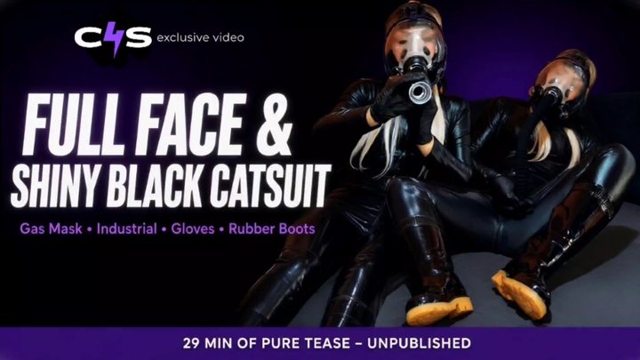 Shiny Black Catsuit + Full Face Gas Mask – Hose Tease & Orgasms - 29 min MOV | U