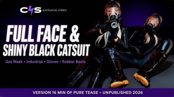 Gas Mask Full Face & Shiny Black Catsuit: Hose Play, Latex Gloves & Rubber Boots