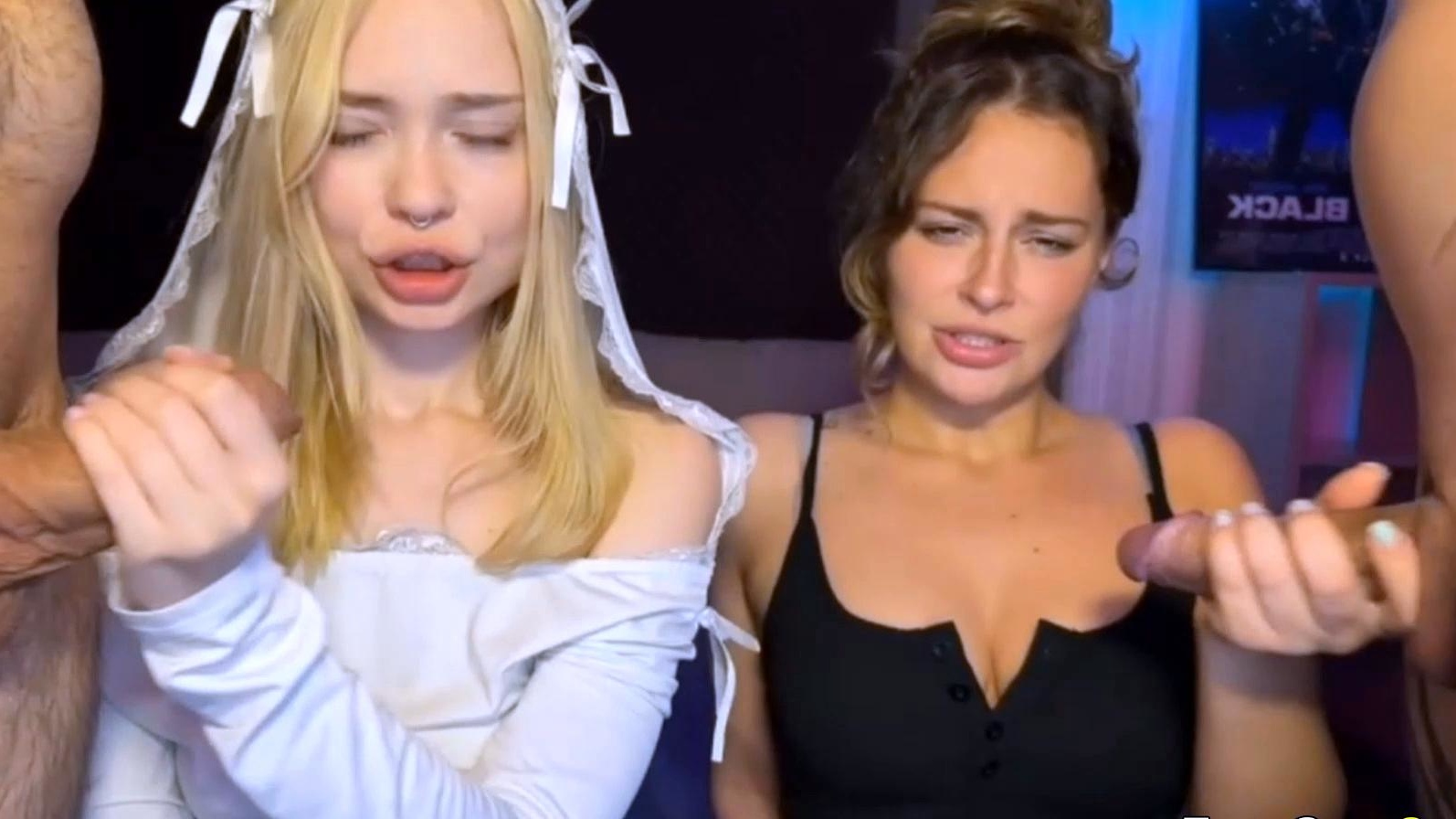 Two Slutty Babes Sucking Cock Side by Side