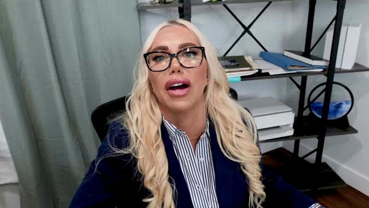 Busty CEO stepmom gives stepson a blowjob in her office