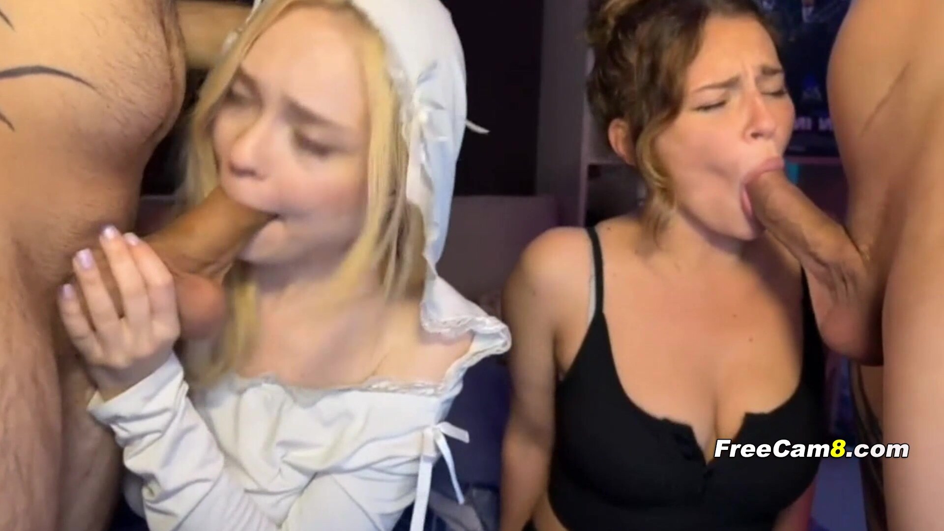 Two Slutty Babes Sucking Cock Side by Side